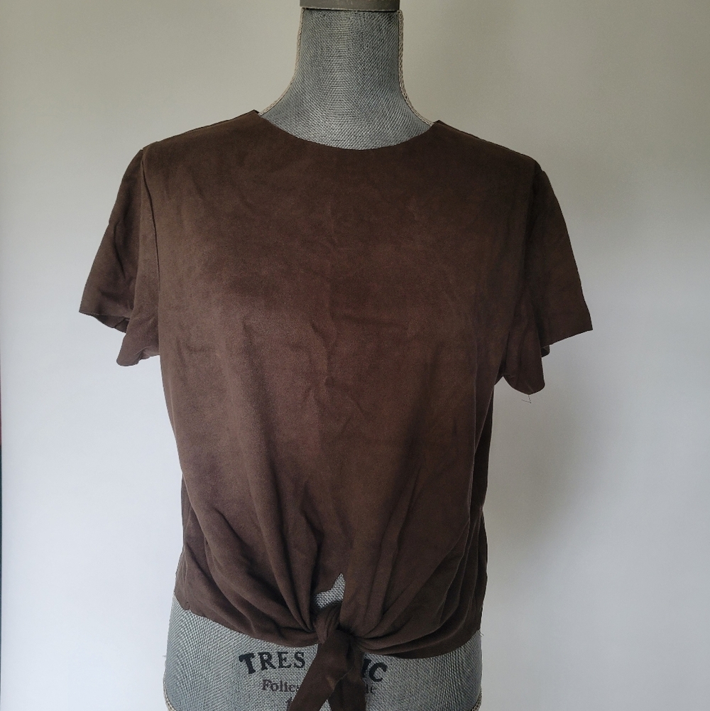 Olivaceous Womens Green-Brown Suede-feel Tie-Front T-Shirt